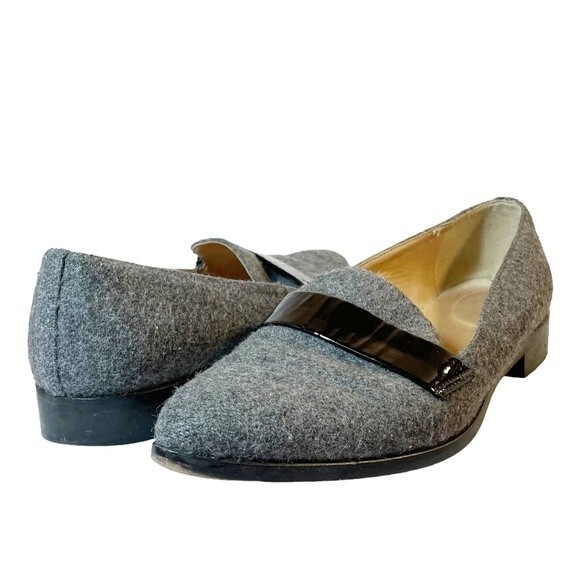 J. Crew Flats Gray Felted Wool Black Patent Leather Loafers Womens Size 8 Preppy - Picture 14 of 14